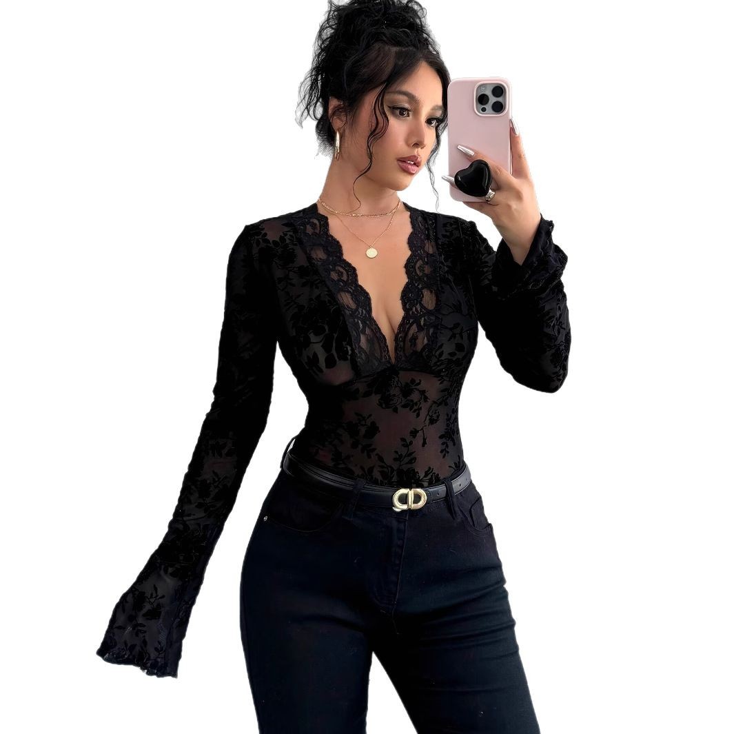 New V-neck lace patchwork fabric flared sleeve T-shirt top for women from Amazon, Europe and America, Spring 2025 Item Picture