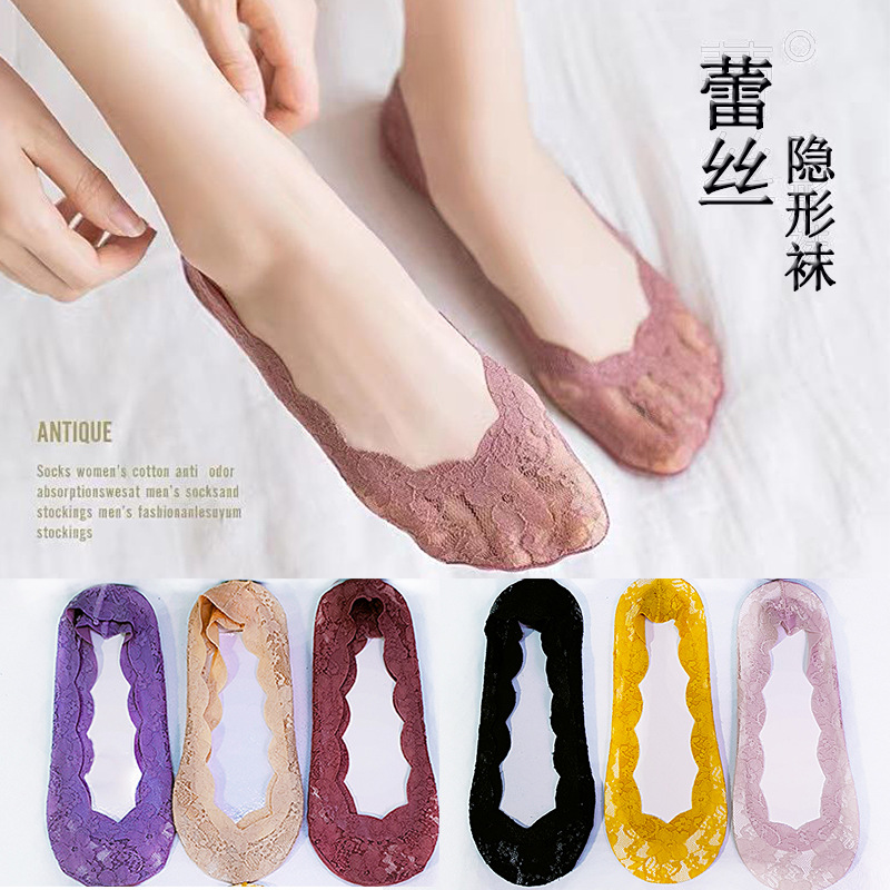 Verano fino lace mujer invisible calcetines de silicona antideslizante raso calcetines para mujeres korean cotton bottom ligas fabricantes al por mayor