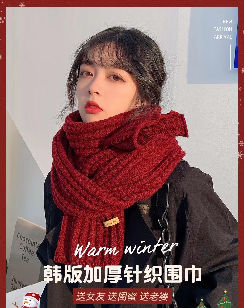 Korean-style solid-color knitted thick scarf, fashionable and versatile for autumn and winter, with a high-end feel. Student scarf shawl, warm couple color pic 2