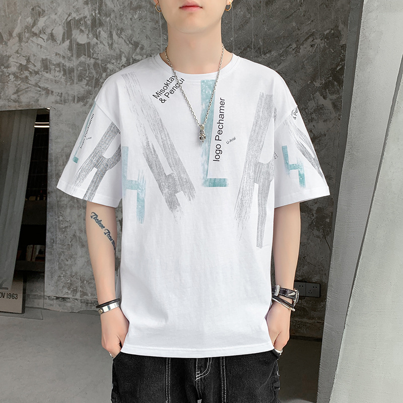 A new summer blockbuster American high street round-neck short-sleeved T-shirt for men with loose and simple printed half-sleeved top details Picture
