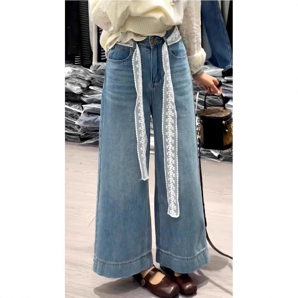 宽松小个子高腰显瘦九分直筒蕾丝牛仔裤女2025年洋气复古阔腿裤潮