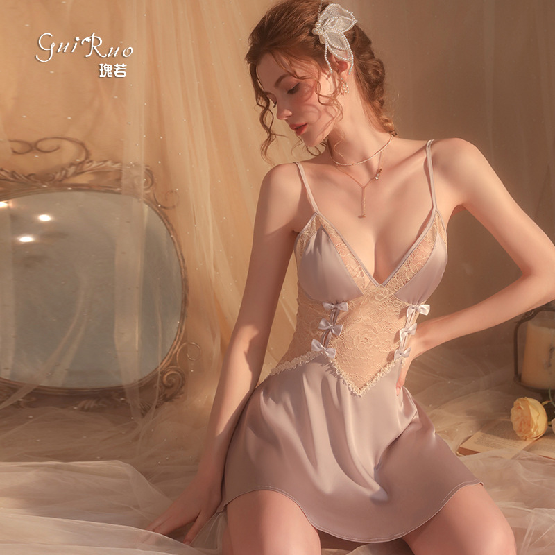 Rose Girl Private pajamas Sweet bow lace see-through halter nightdress Women's home dress set 1667 full figure