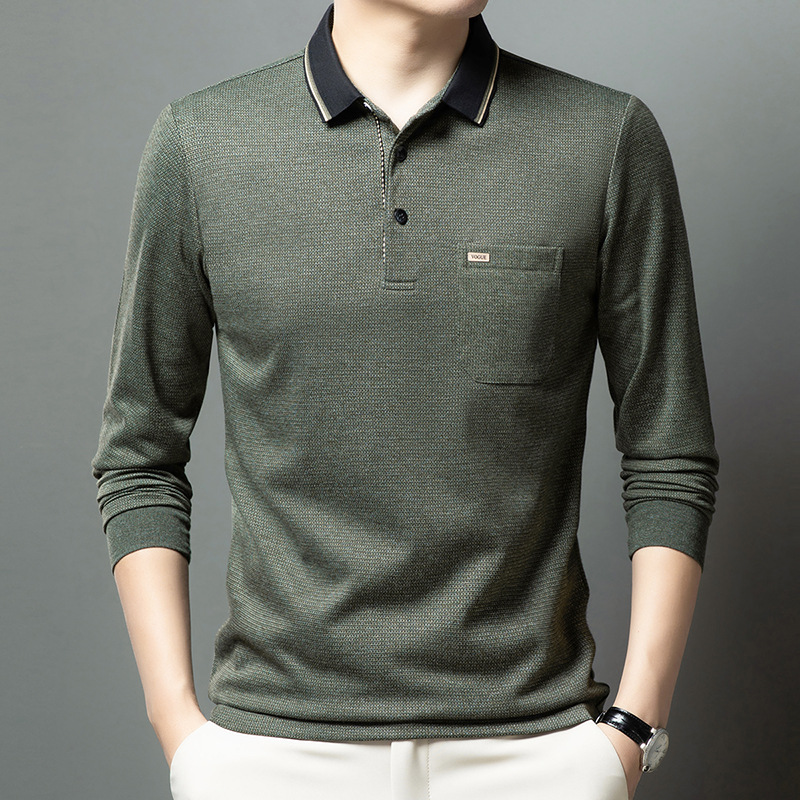 Hombre polo manga larga otoño 2024 nuevo modelo con bolsillos solapa suelta camiseta mid age daddy top details Picture