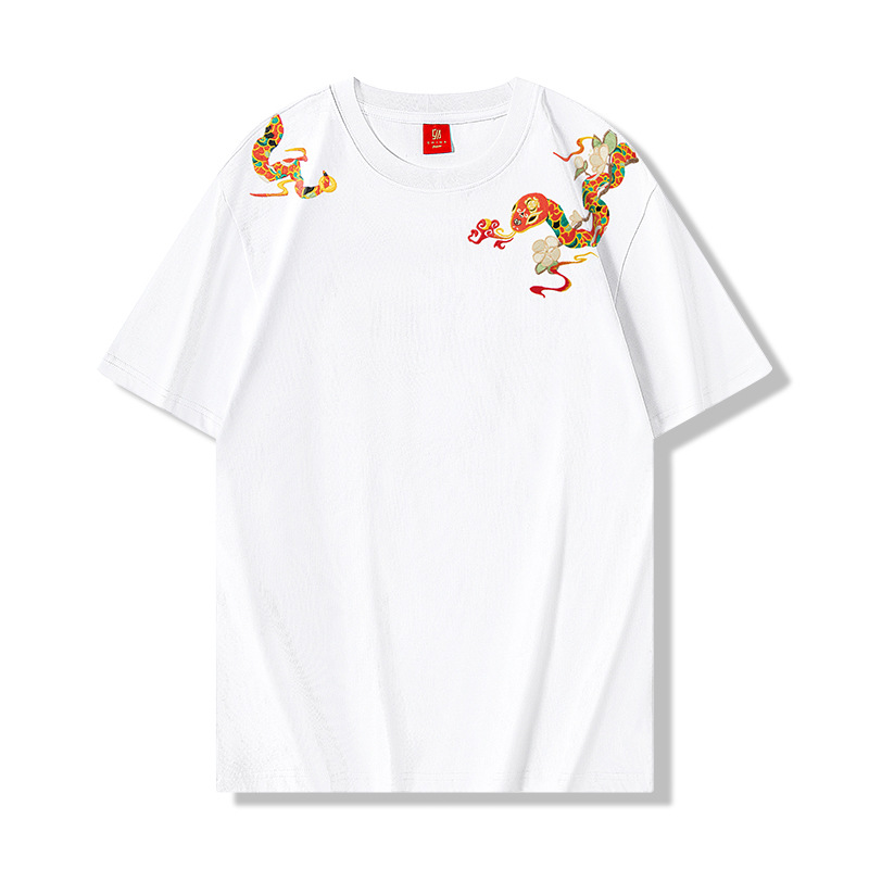 2025 New style Snake Flower Chinese-style loose T-shirt, large size embroidered round-neck top with half sleeve details Picture