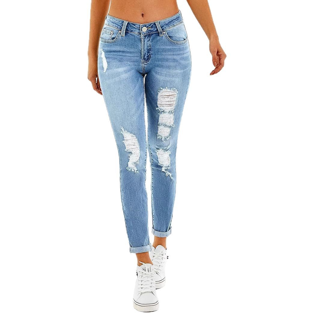 2025 New Amazon cross-border European and American fashion low-waisted stretch small-footed ripped denim long pants for women in stock Item Picture