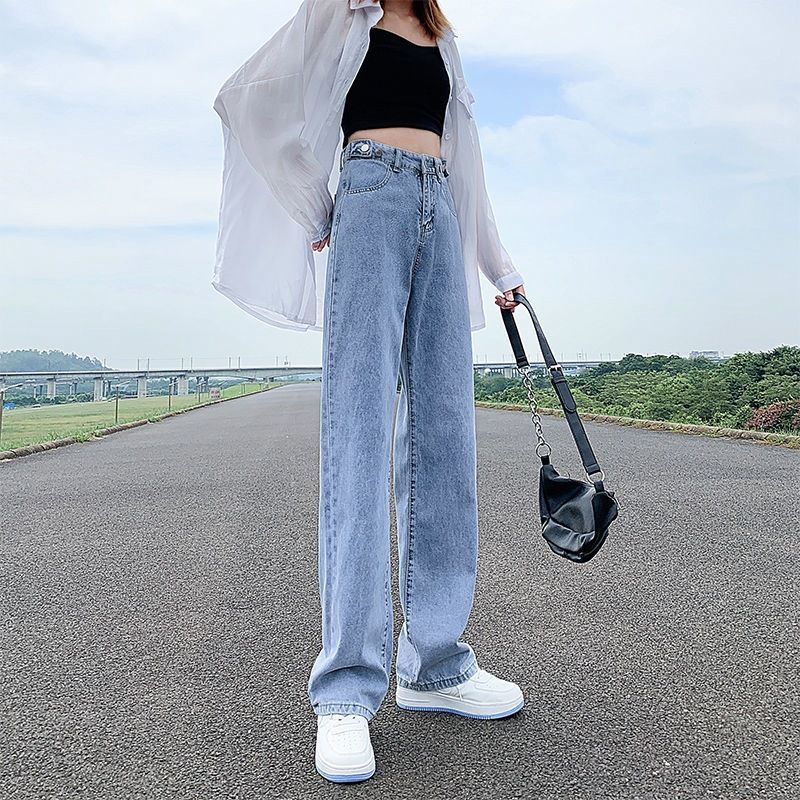 阔腿牛仔裤女网红高腰2025年春夏新款多扣可调直筒宽松垂感拖地裤