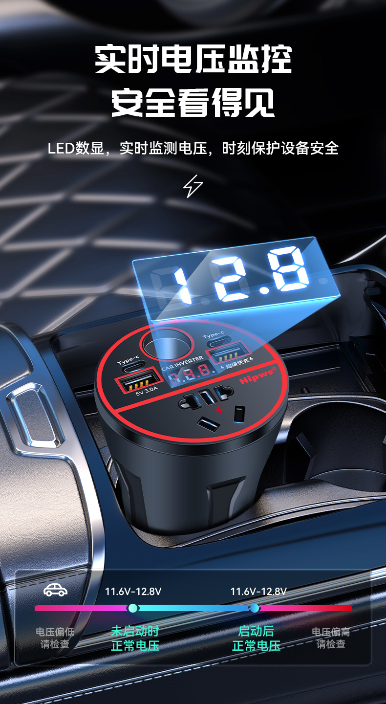车载逆变器12V24V转220V汽车多功能插座杯型电源转换手机快充电器详情6