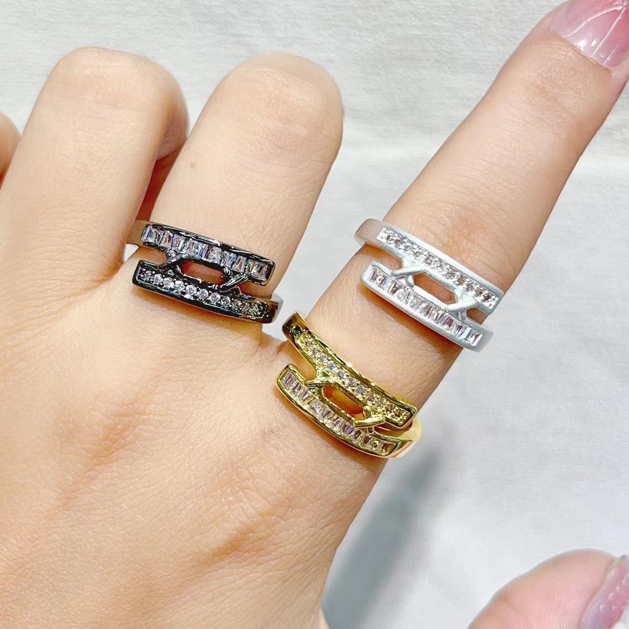 New cross-border ring from Europe and America, adjustable in size, shiny and fashionable, double-row T-square women's ring, copper zircon electroplated 18K