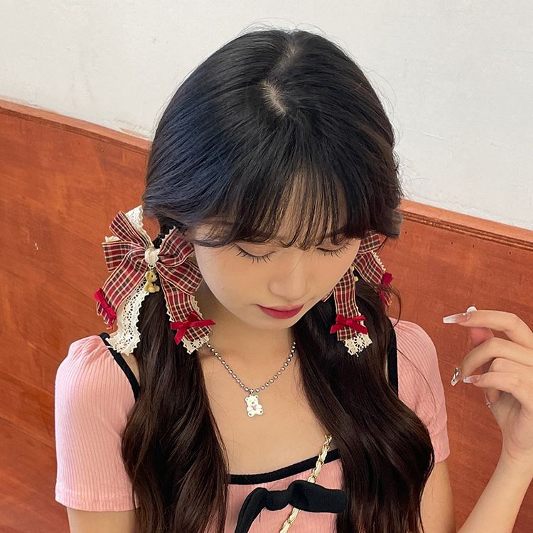 Red Plaid Bow Hairpin Brooch Double Lace Bear Japanese Cute Soft Sister Lolita Hairpin Headdress Specification drawing