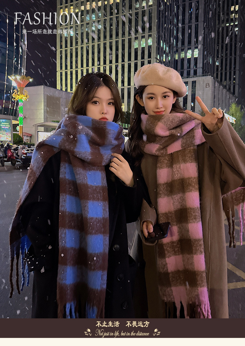 时尚韩版格子仿羊绒围巾冬季保暖加厚撞色彩色学生情侣围脖长巾详情2