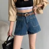 Denim shorts for women 2023 summer new style: Simple high-waisted pocket A-line slimming, versatile wide-leg belt hot pants Specification image