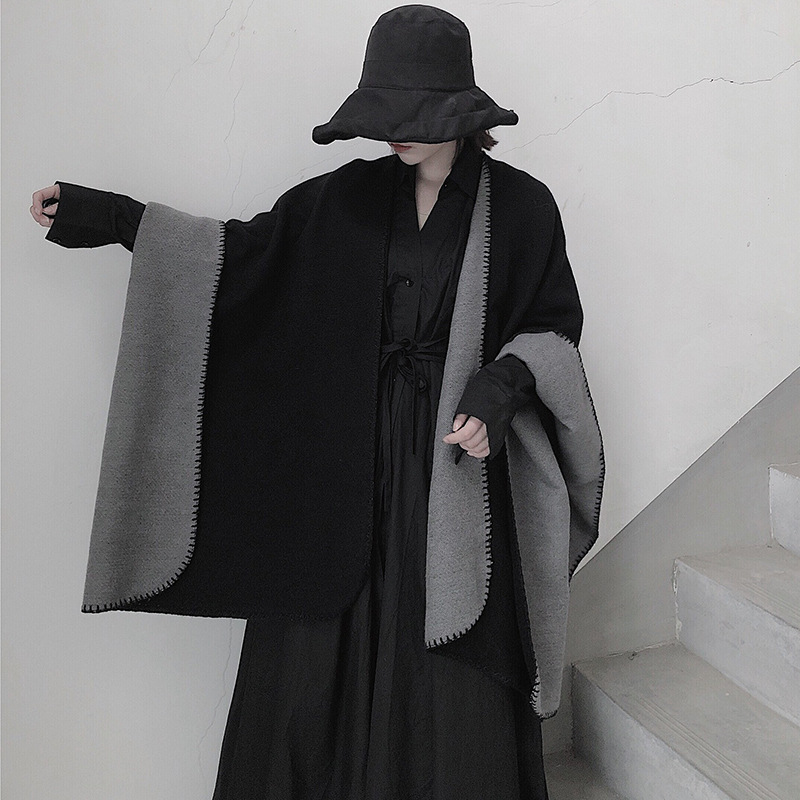 Black Huaguangyue 22 Classic solid color faux cashmere shawl cape, artistic youth shoulder style blanket cape details Picture