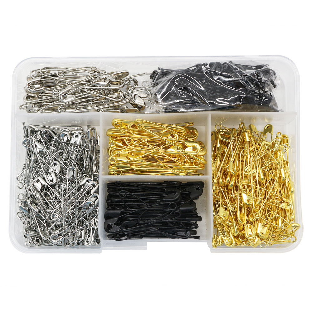 工厂批发金银黑多规格550枚安全别针套装透明盒装钢丝镀镍别针