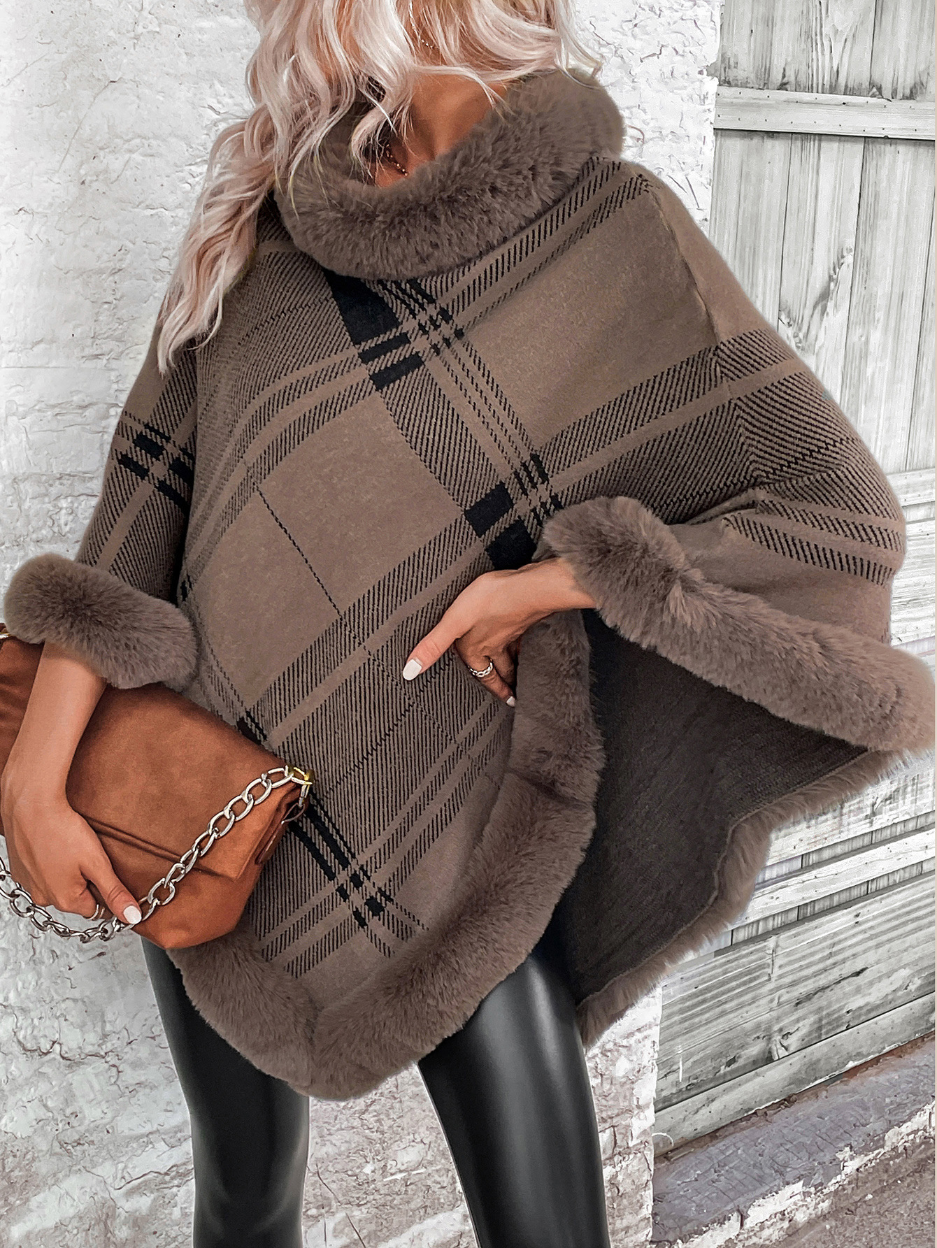 Europe And The United States Autumn And Winter New Knitwear 2023 Amazon Cross-Border Ins Fur Collar Plaid Cape Cape Cardigan Wool Specification drawing