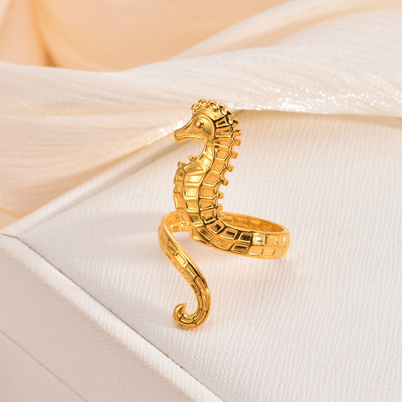 Wholesale of 18k gold stainless steel seahorse open ring with Marine elements in the classic INS style of Europe and America, which does not fade Specification image
