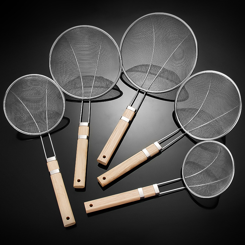 不锈钢木柄网漏大漏勺 商用火锅勺油格酒店用品捞篱 油炸捞面勺