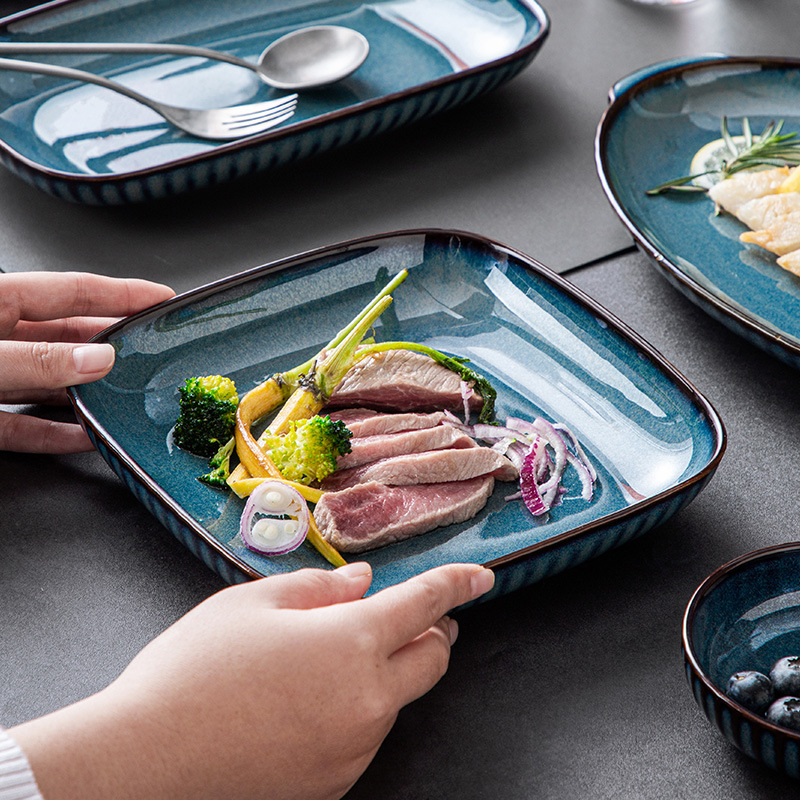 名流蓝色窑变餐具日式复古陶瓷浅盘饭碗汤碗家用菜盘面盘套装详情图3