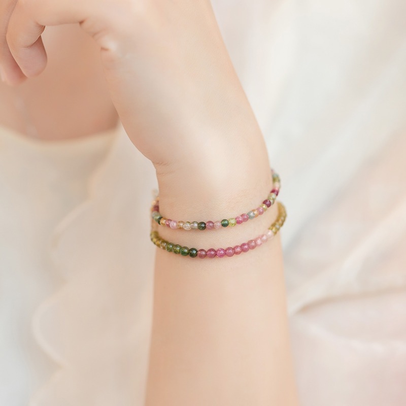 3mm candy round bead tourmaline bracelet, single-ring natural crystal bracelet, fashionable and versatile women's colored crystal jewelry wholesale details Picture