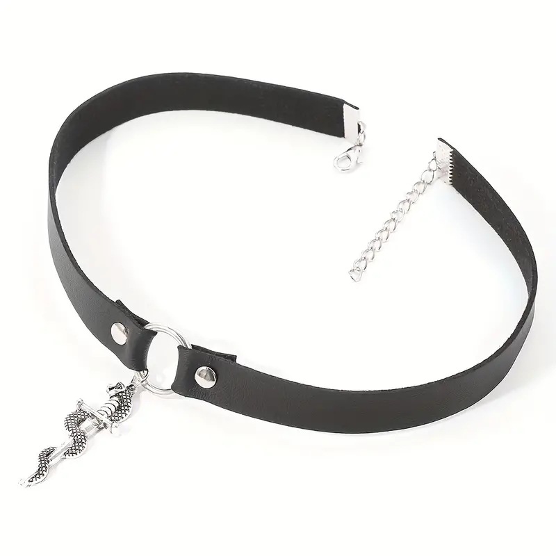 Cross-border punk personality leather short necklace, snake entwined sword collar pendant accessory, women's collarbone ring accessory wholesale details Picture
