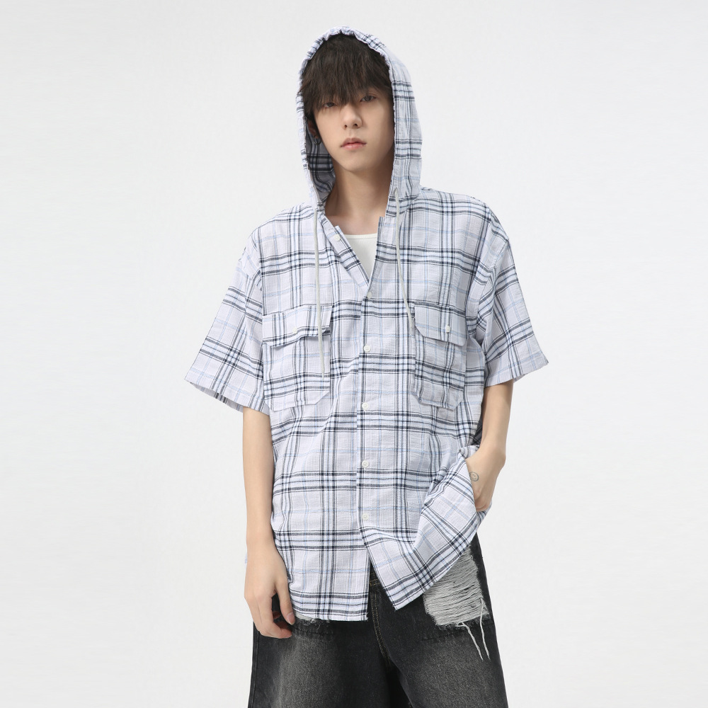 MTLCLOTHES men's Wear: The new 2024 summer collection features a trendy Japanese retro checkered double-pocket hooded work shirt Specification image