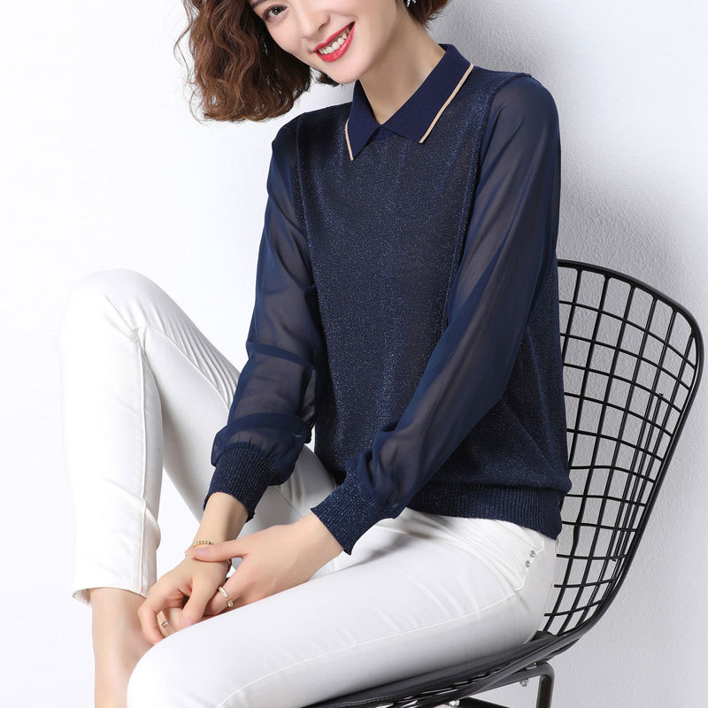The 2022 Spring and autumn new women's sweater pullover with a fashionable square collar and a slimming bright silk patchwork mesh knitted sweater for ladies Specification image