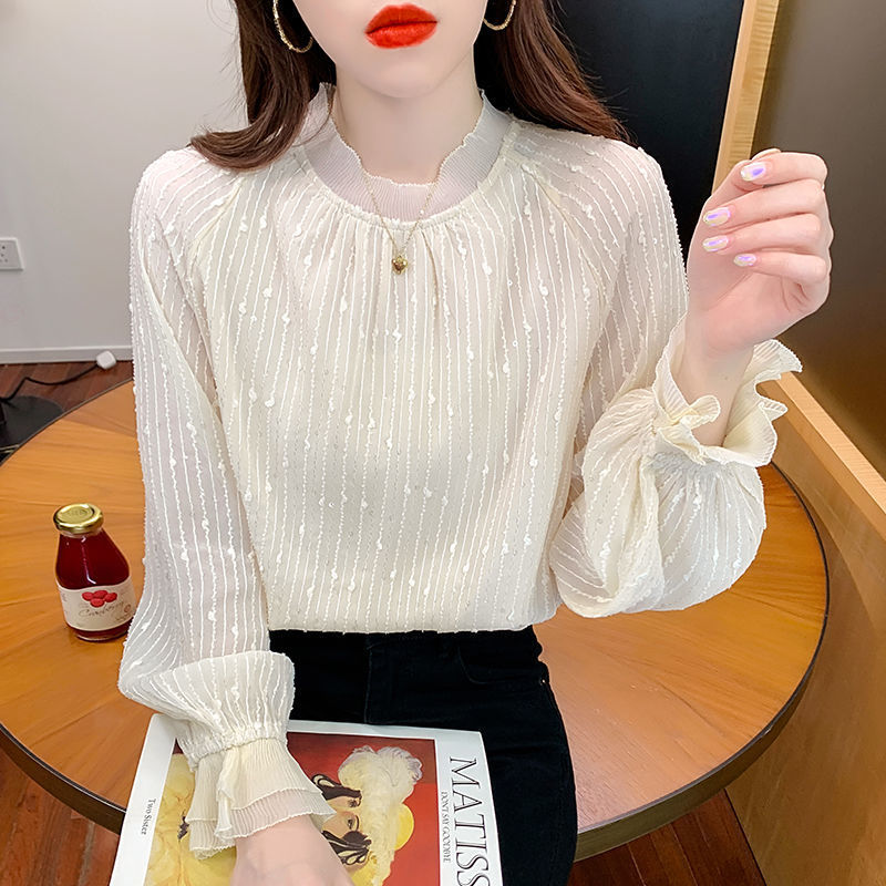 雪纺衫女春秋韩版新款立领简约打底上衣内搭外穿喇叭袖洋气蕾丝衫