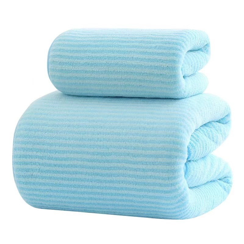 【 Cross-border Supply 】 Wholesale of coral fleece bath towel sets with color stripe borders and household soft absorbent towels Item Picture