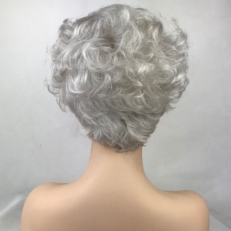 European and American women's short curly hair, full-length synthetic fiber wig, silver-white wig, side-swept bangs, micro-curls, middle-aged and elderly curly hair wholesale Specification image