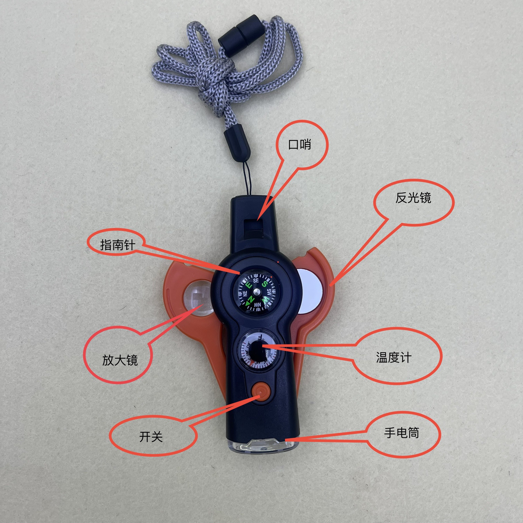 A new outdoor seven-in-one multi-functional whistle, compass, survival whistle with flashlight, thermometer and compass Specification image