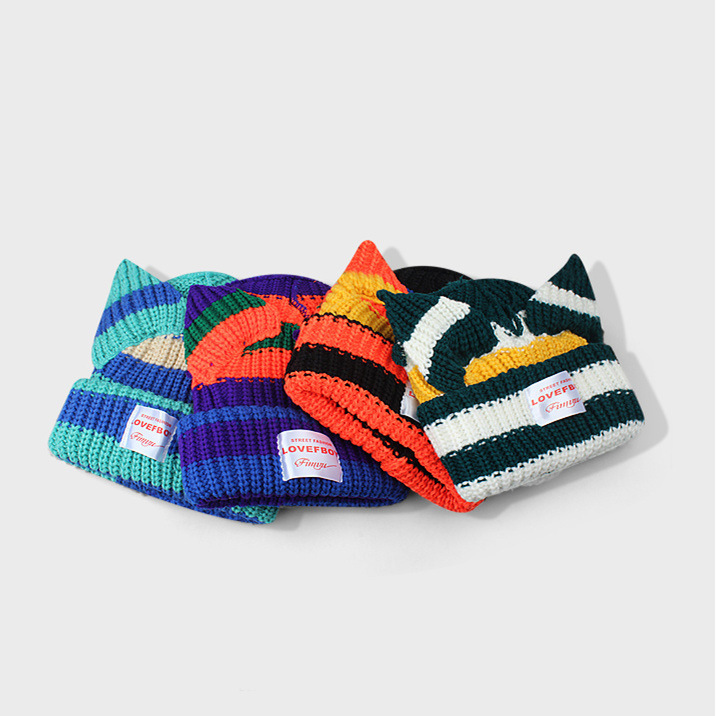 Autumn And Winter Color Contrast Cute Cat Ears Woolen Hat Children Thickened Warm Knit Hat Ear Heaps Heaps Hat details Picture