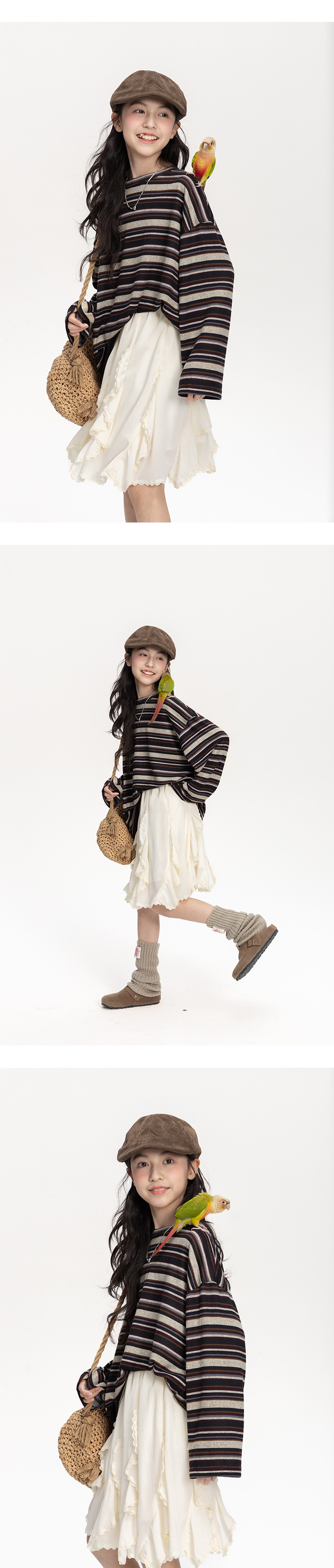 女童撞色条纹长袖t恤2025秋冬新款儿童韩版慵懒风宽松打底衫上衣详情8