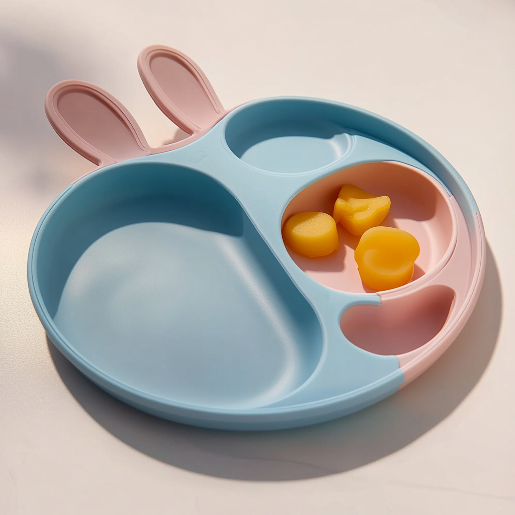 Customized rabbit baby silicone tableware set, children's silicone forks, spoons, bibs, and baby food bowls for home use details Picture