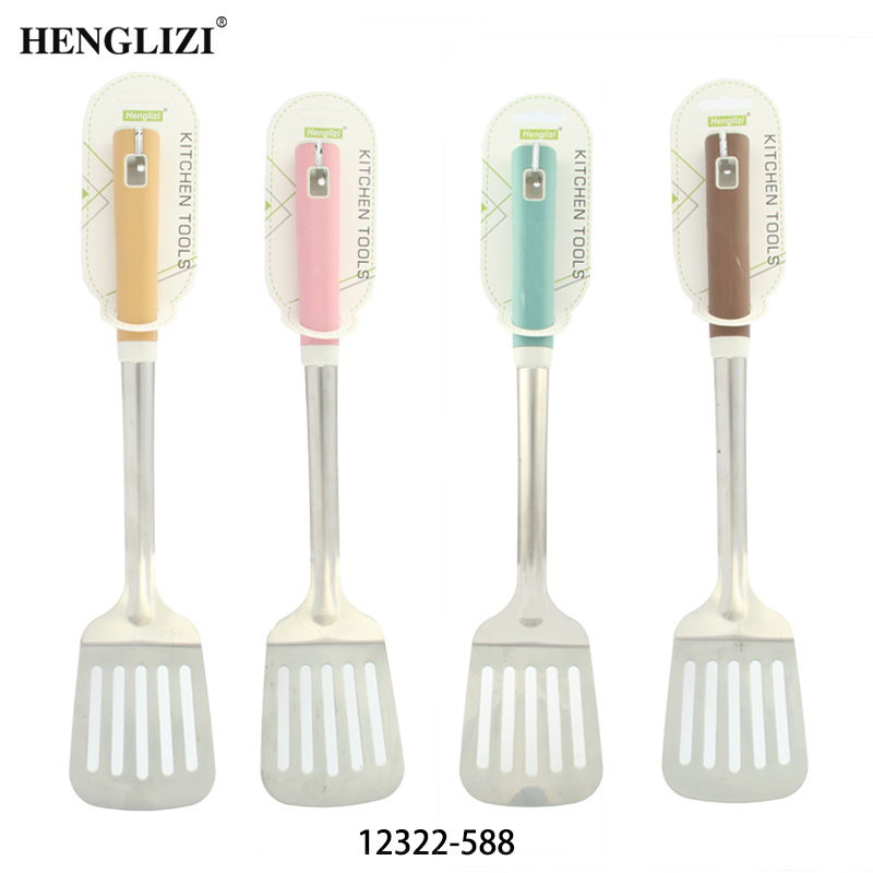 Cross-border household stainless steel spatula Soup spoon Frying spatula slotted spoon Non-stick pan mixed color square handle handle kitchen utensils Item Picture