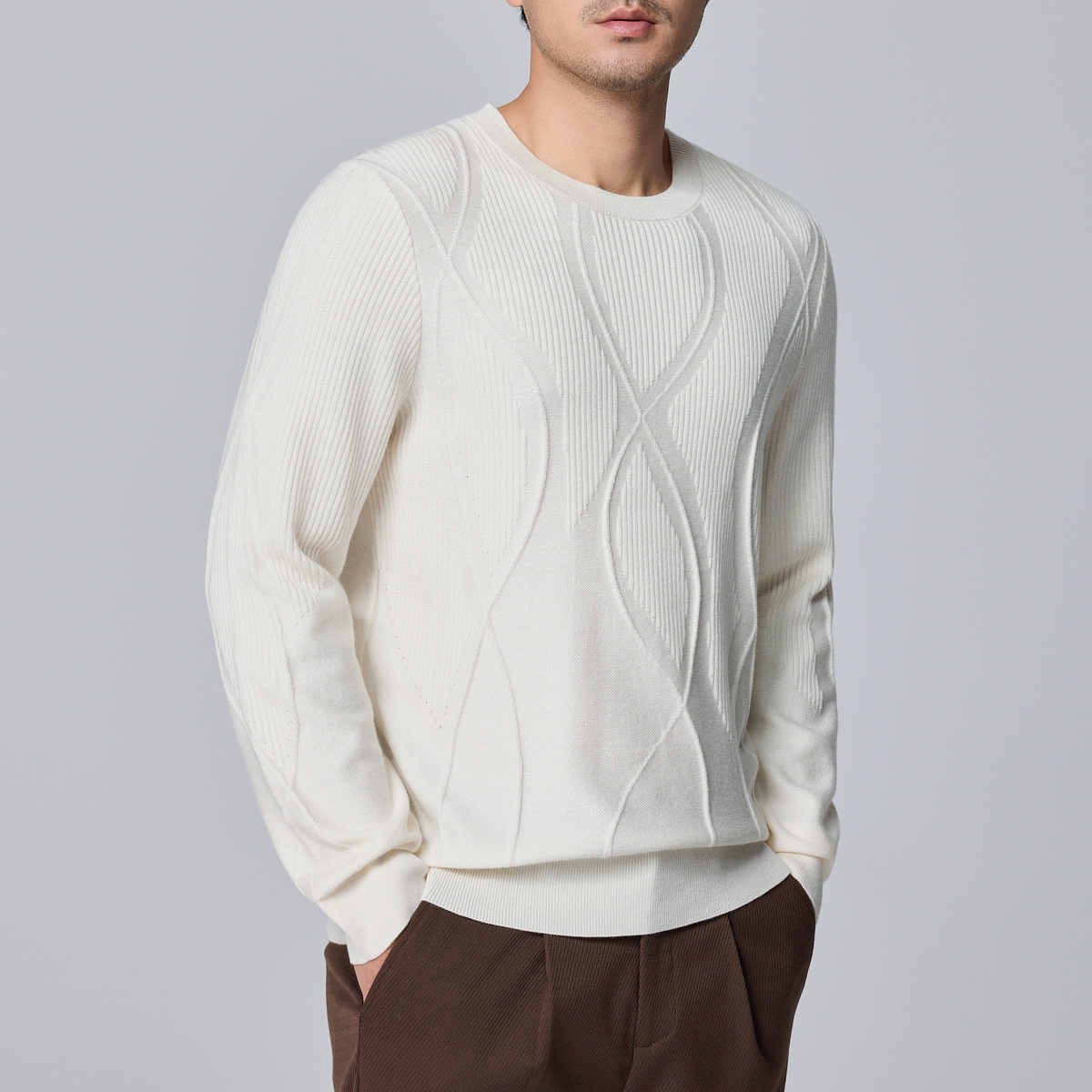 Momeck men's striped jacquard men's woolen sweater 2024 Winter New Style Simple round Neck Sweater for men 21886 details Picture