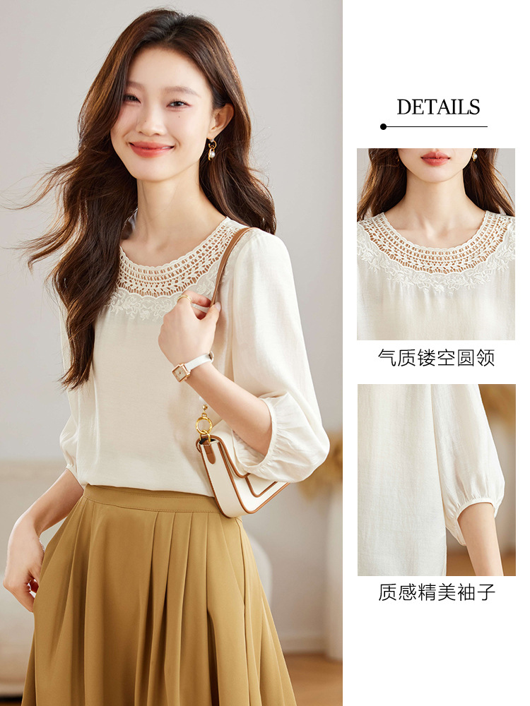 Seven-quarter sleeve chiffon shirt, new Chinese-style style, 2025 traditional Chinese women's top, improved round-neck chiffon shirt, spring embroidered chiffon shirt details Picture
