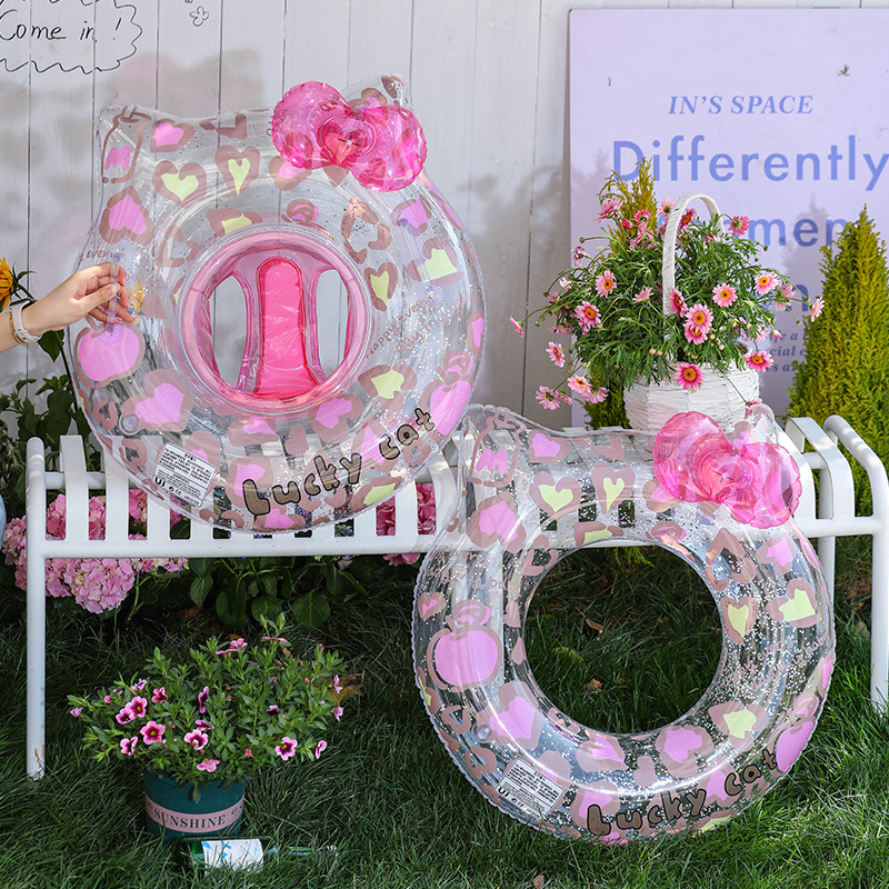24 New Leopard Print Cat Head Swimming Ring Cartoon Bow Swimming Ring Children's Environmental Transparent Film Handle Seat Ring details Picture