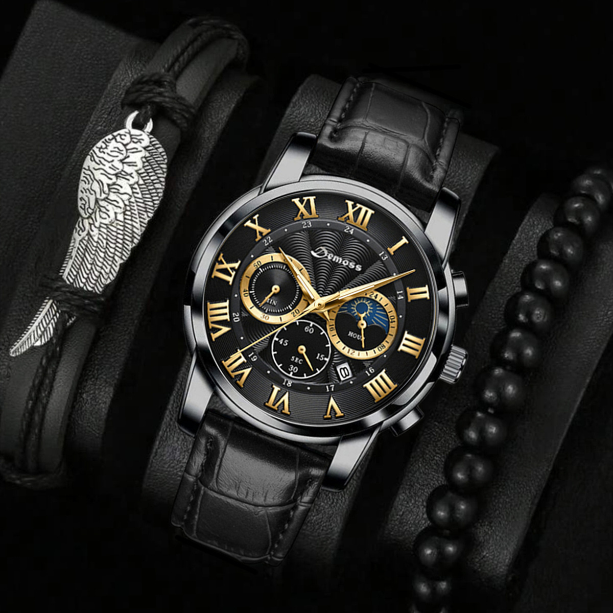 Demoss's new men's fashion calendar watch wholesale, trendy men's belt wristwatch, cross-border bestseller Specification drawing