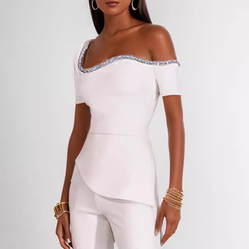 European and American cross-border women's clothing Spring/Autumn 2024 new solid-color off-the-shoulder short-sleeved, cinched waist, irregular wide-leg jumpsuit Application Scenario