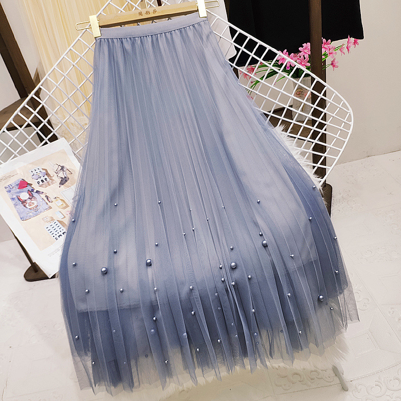 Heavy industry beaded mesh chiffon skirt, new autumn and winter high-waisted half skirt, fairy-like pleated skirt, mid-length A-line skirt Specification image