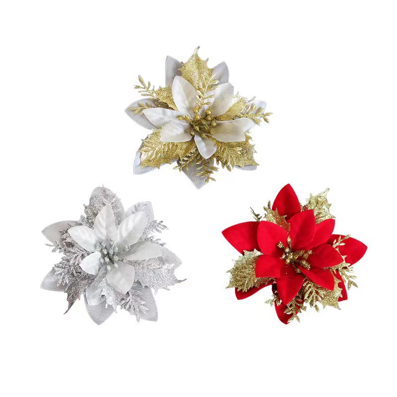 Christmas Flower Gold And Silver Red Three Layer Plastic Flower Powder Three-Dimensional Christmas Flower High-Grade Christmas Flower Source Manufacturers Wholesale Item Picture