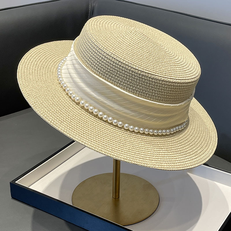 French Socialite Style Flat Top Hat 2023 New Summer Elegant Pearl Grass Braid Beach Sun Protection Hat Children