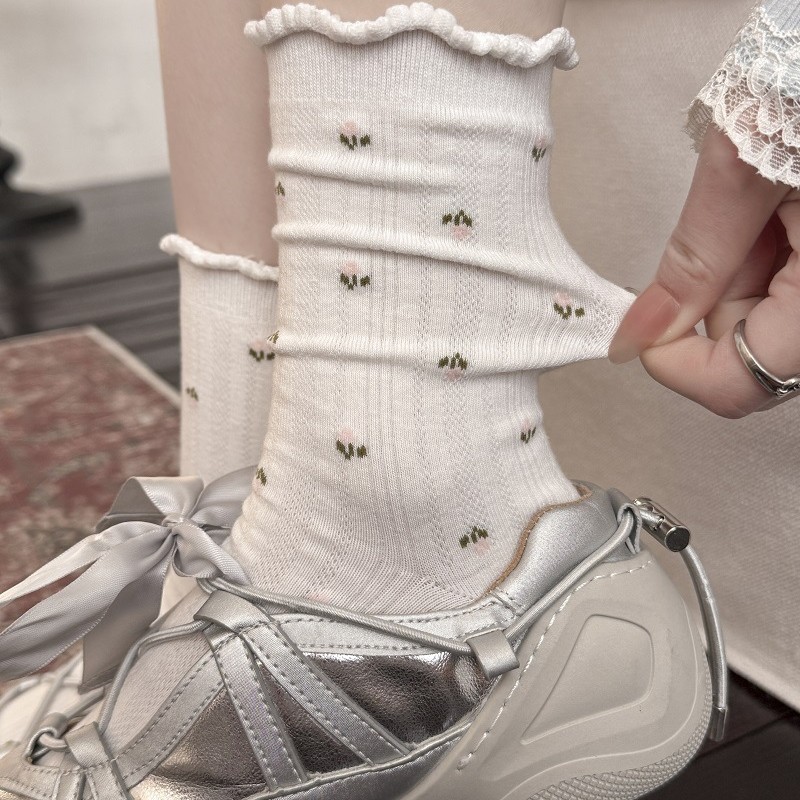 Sock stall, one-piece consignment service, small floral socks, women's mid-calf socks, spring and summer versatile, fresh and delicate lace artistic style, postpartum socks, thin summer long socks, one-piece consignment service details Picture