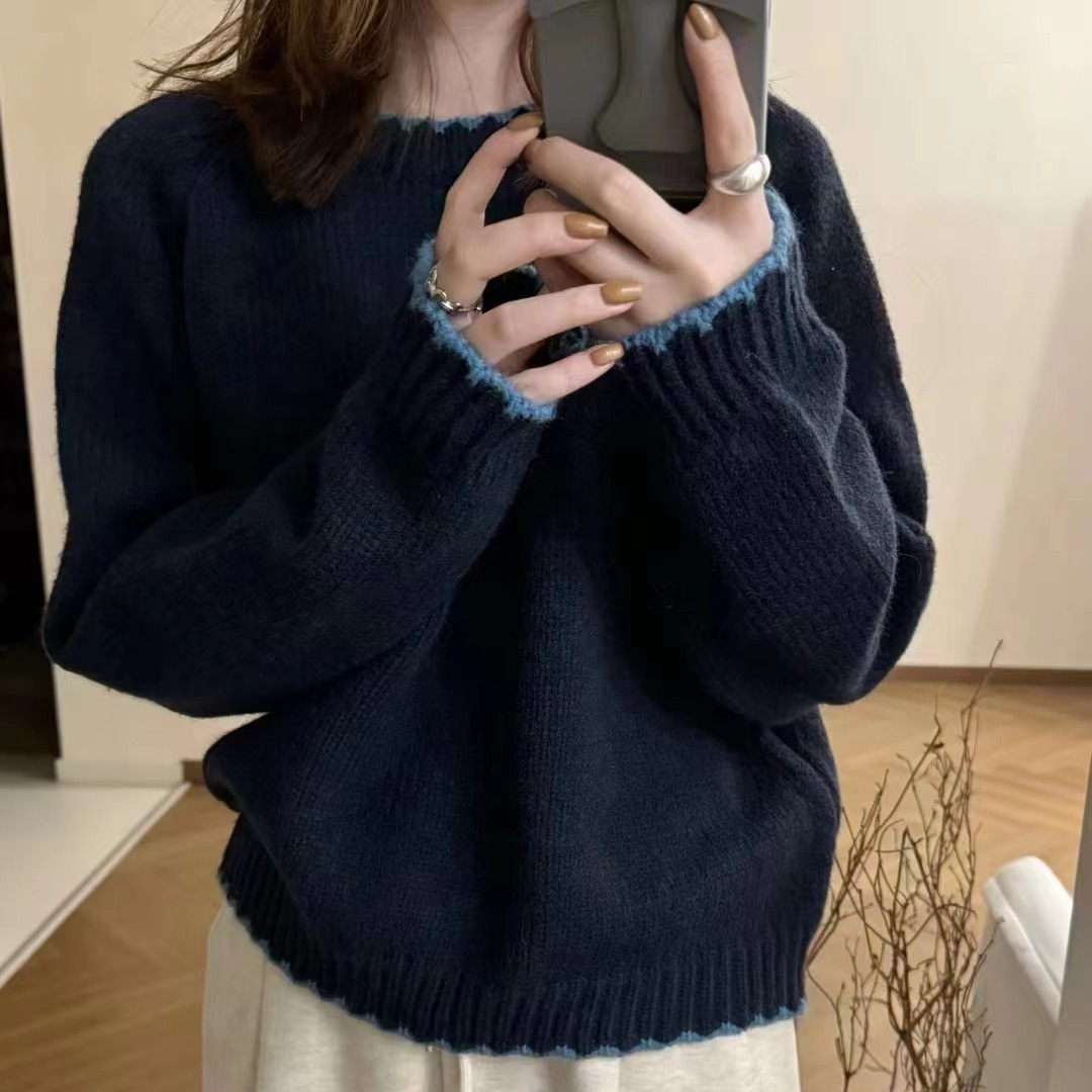 秋冬新款圆领手工虚线缝边毛衣女插肩袖慵懒风简约设计感针织上衣
