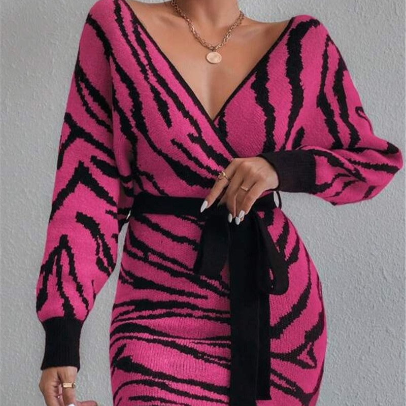 New zebra-patterned bat-sleeve lace-up sweater and V-neck high-waisted dress from cross-border Amazon in Europe and America for autumn and winter Specification image