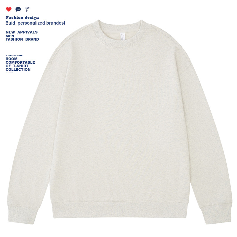 330g new off-shoulder hoodie pure cotton loose long-sleeved pullover round neck hoodie solid color men and women fixed printed logo details Picture