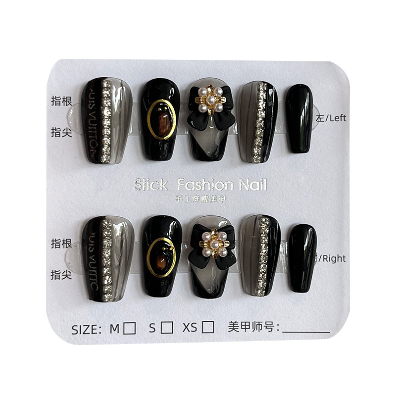 Small Fragrance Black Bow Pure Handmade Wear A Sweet Cool Spice Girl Light Luxury White High-Grade Manicure Fake Nails Item Picture