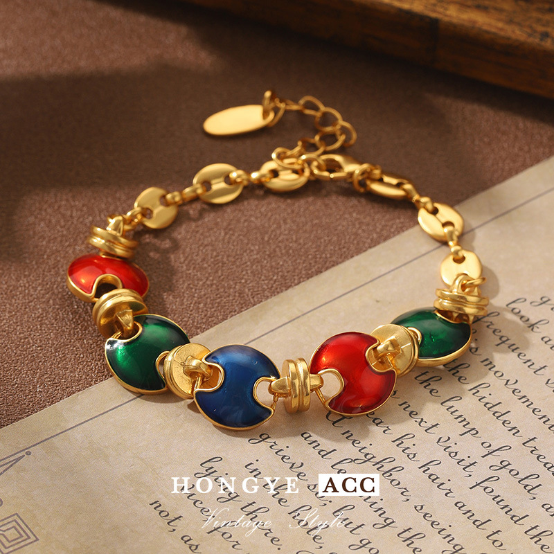 撞色拼接手饰女中古Vintage多彩复夏古宫廷风滴油手链高级感批发