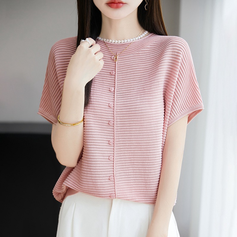 气质短袖女T恤轻薄透气柔软条纹针织衫飞袖莱赛尔天丝圆领上衣