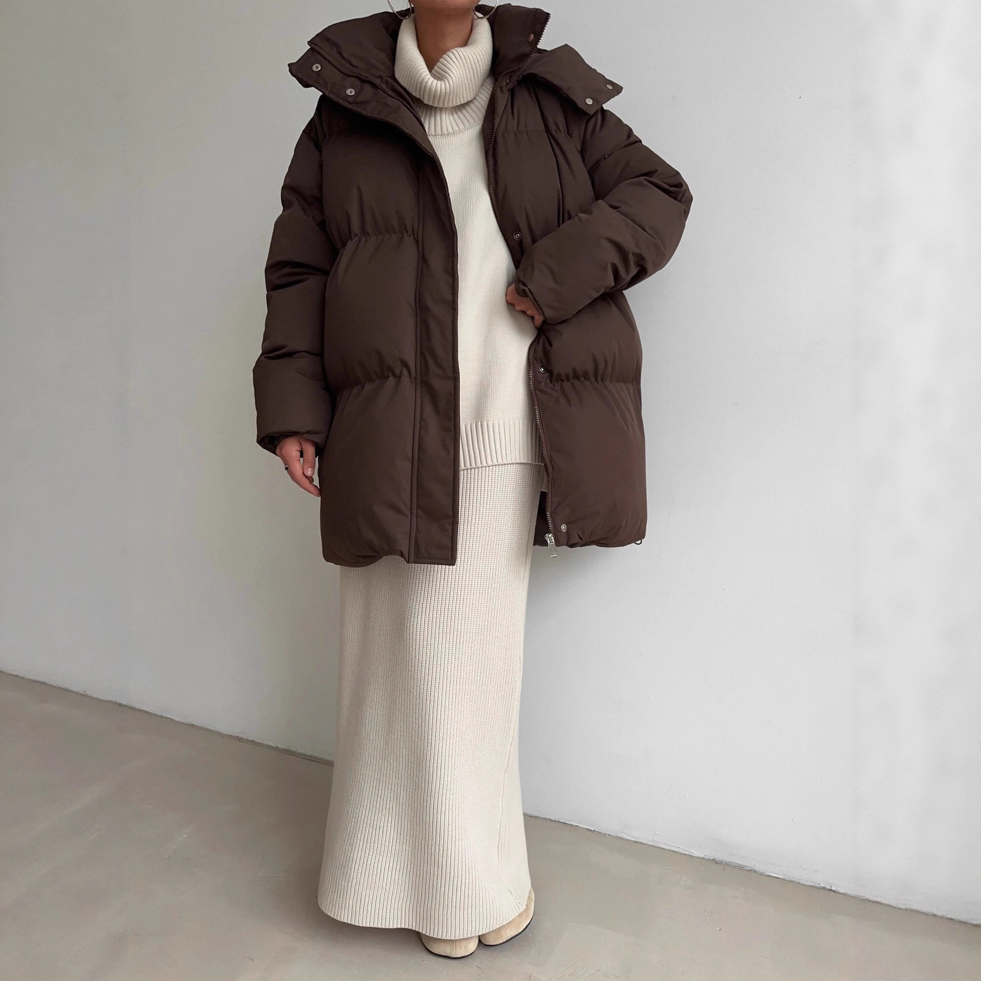 European and American style 2025 casual waist-cinching slimming hooded mid-length bread cotton-padded jacket for women, thickened cotton-padded jacket jacket in brown Specification image