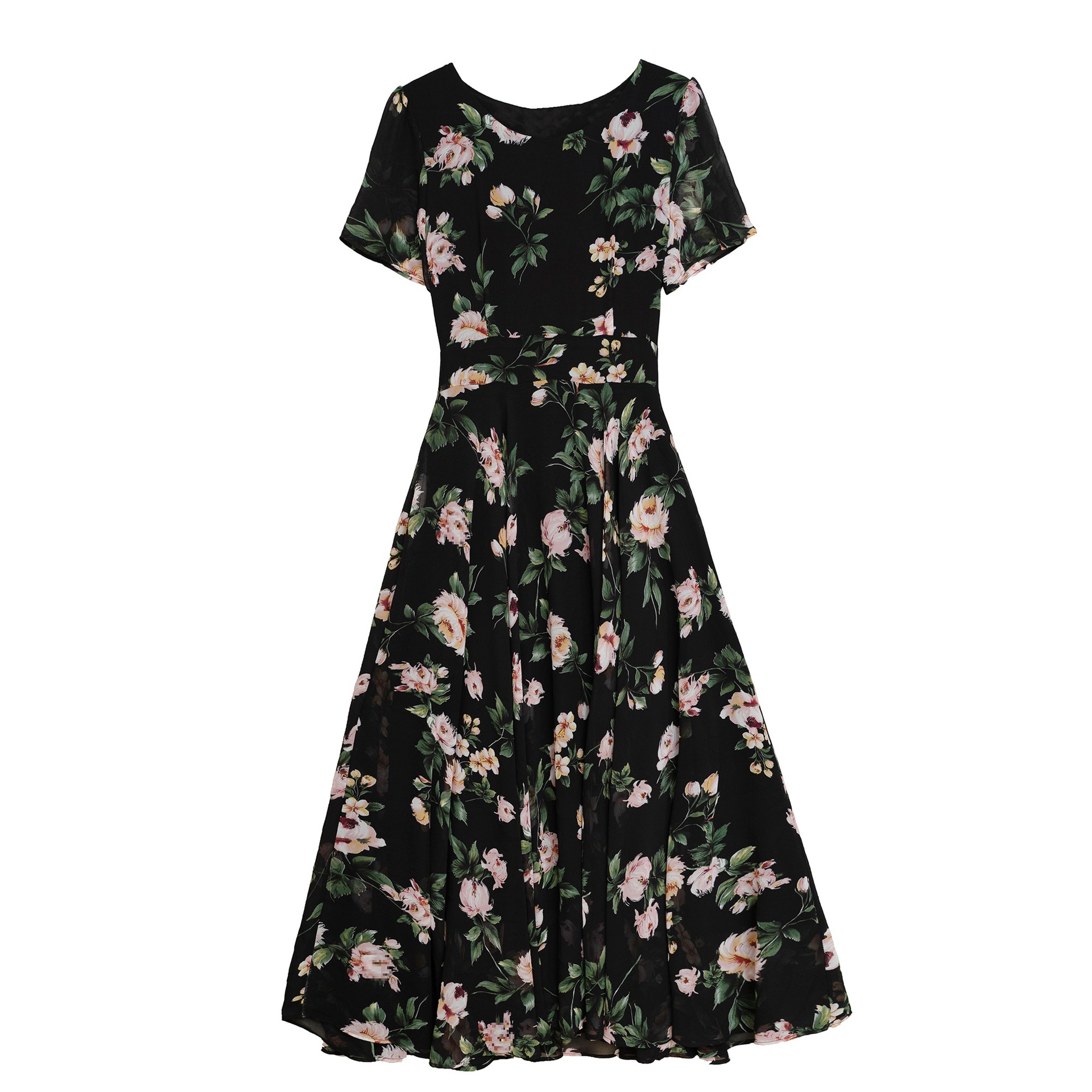 This is a new large-sized chiffon floral print dress for women in summer. It is a fashionable long dress that cinches the waist, slimming the figure, conceals the belly, and makes one look younger and more elegant Item Picture